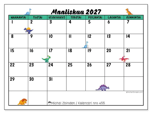 tulostettava kalenteri Maaliskuu 2027 - Pienet dinosaurukset