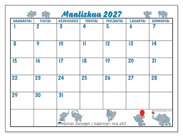 tulostettava kalenteri Maaliskuu 2027 - Pienet norsut
