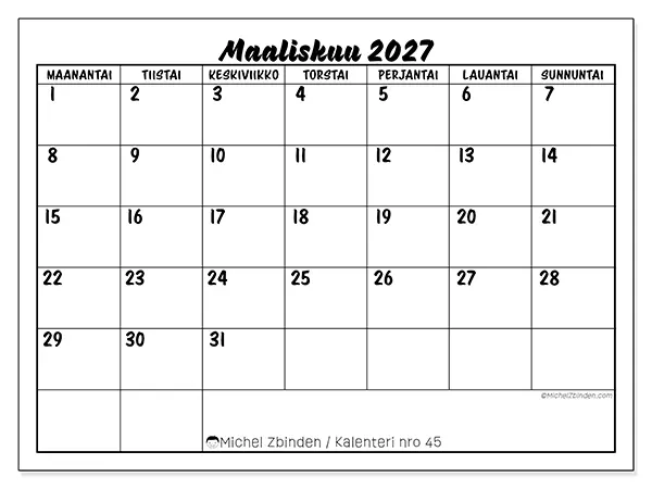 tulostettava kalenteri Maaliskuu 2027 - Koulumenestys