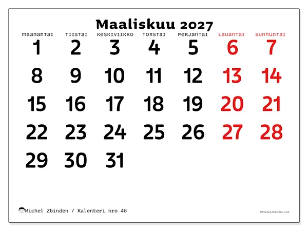 tulostettava kalenteri Maaliskuu 2027 - Selkeä näkymä