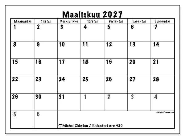 tulostettava kalenteri Maaliskuu 2027 - Kattava suunnittelu