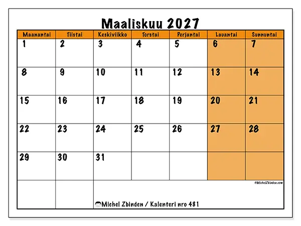 tulostettava kalenteri Maaliskuu 2027 - Dynaaminen suunnittelu