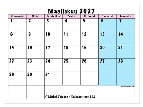 tulostettava kalenteri Maaliskuu 2027 - Tiimin aikataulu