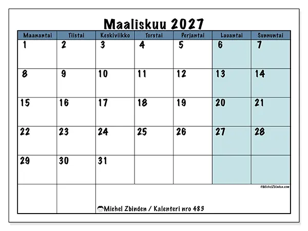 tulostettava kalenteri Maaliskuu 2027 - Koulun rakenne