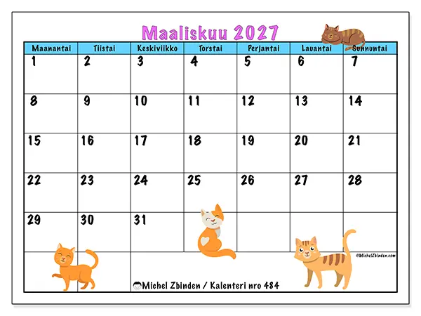 tulostettava kalenteri Maaliskuu 2027 - Rakkaus kissoihin