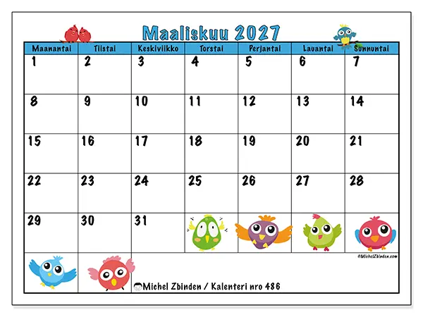 tulostettava kalenteri Maaliskuu 2027 - Linnut