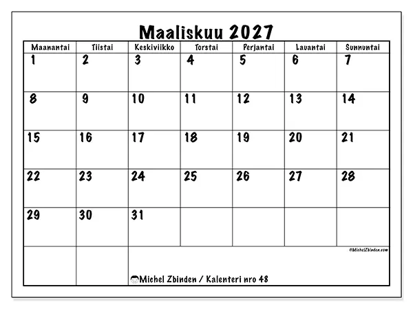 tulostettava kalenteri Maaliskuu 2027 - Arjen suunnittelu