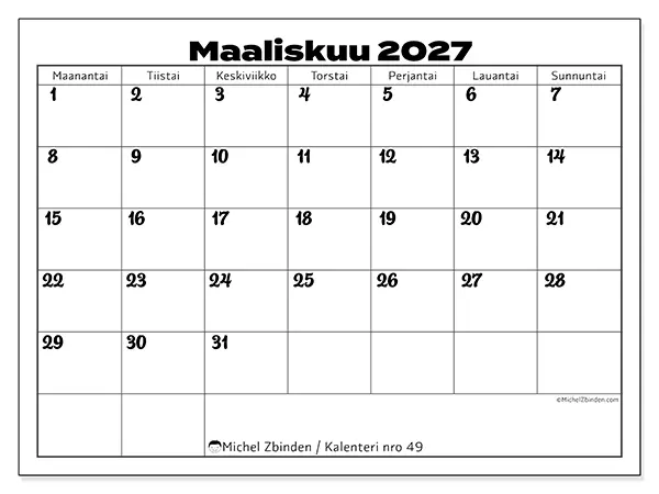 tulostettava kalenteri Maaliskuu 2027 - Työn koordinointi
