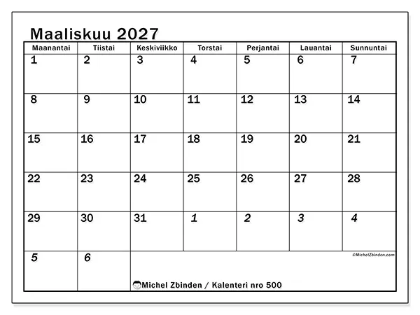 tulostettava kalenteri Maaliskuu 2027 - Intensiivinen suunnittelu