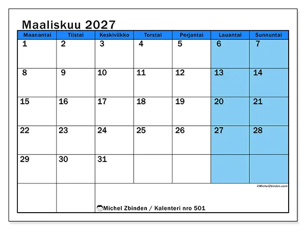tulostettava kalenteri Maaliskuu 2027 - Dynaaminen opiskelu