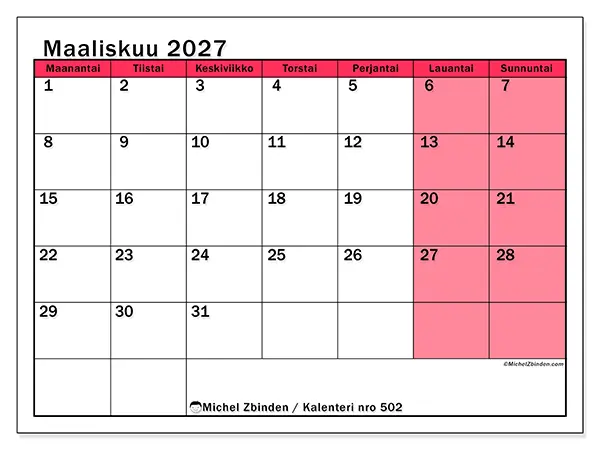 tulostettava kalenteri Maaliskuu 2027 - Valoisa hallinta