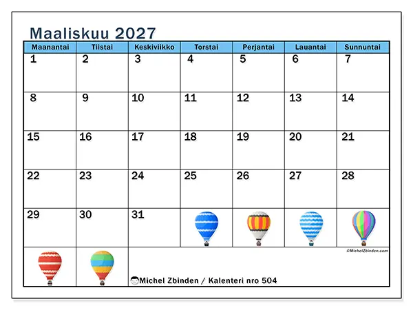 tulostettava kalenteri Maaliskuu 2027 - Kuumailmapallot