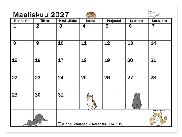 tulostettava kalenteri Maaliskuu 2027 - Kissan elämä