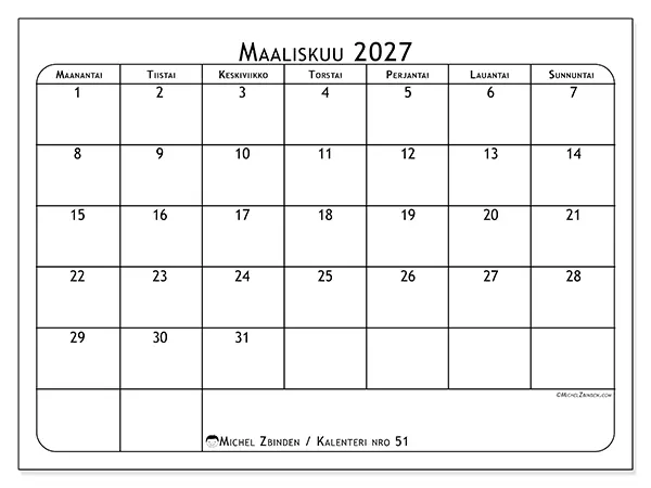 tulostettava kalenteri Maaliskuu 2027 - Ateriasuunnittelija
