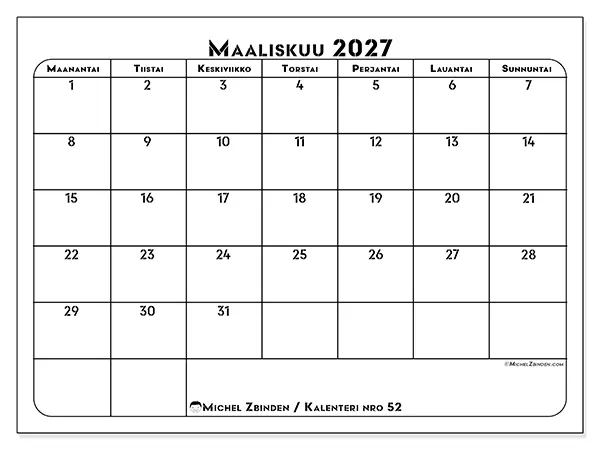 tulostettava kalenteri Maaliskuu 2027 - Työn suunnittelu