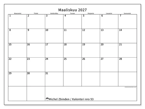 tulostettava kalenteri Maaliskuu 2027 - Selkeä aikataulu