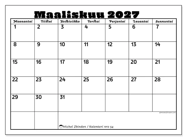 tulostettava kalenteri Maaliskuu 2027 - Perheaktiviteetit