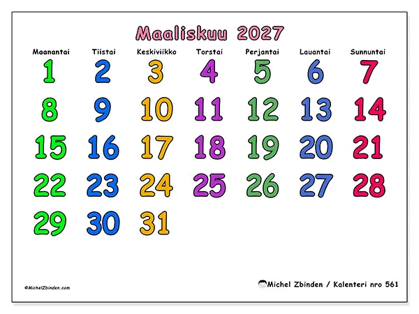 tulostettava kalenteri Maaliskuu 2027 - Luovat hetket