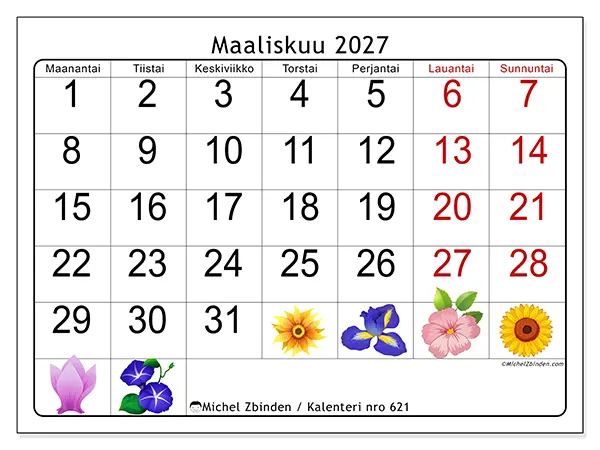 tulostettava kalenteri Maaliskuu 2027 - Suuret kukat