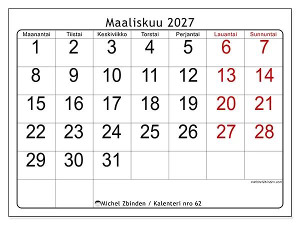 tulostettava kalenteri Maaliskuu 2027 - Nopea yleiskuva