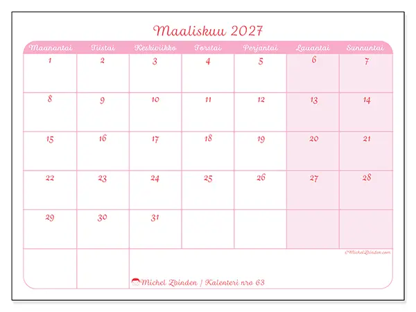 tulostettava kalenteri Maaliskuu 2027 - Rauhallinen ilme
