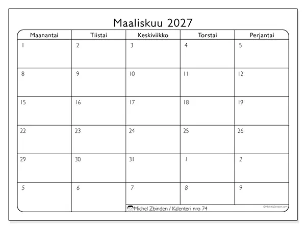 tulostettava kalenteri Maaliskuu 2027 - Työpäivät