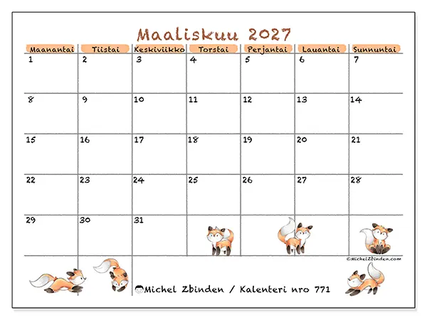 tulostettava kalenteri Maaliskuu 2027 - Kettukuvitus