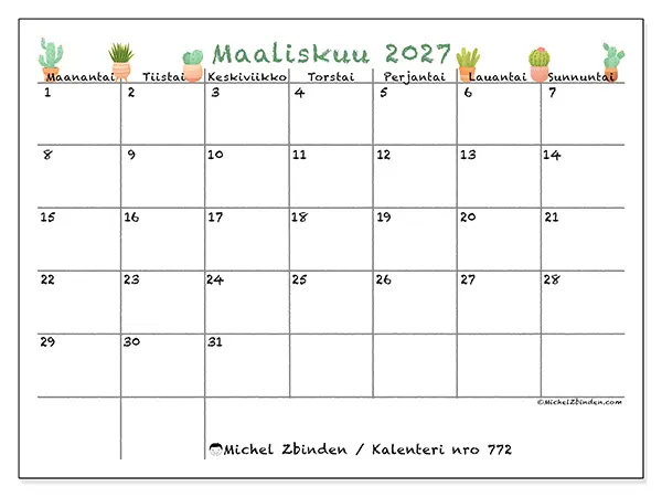 tulostettava kalenteri Maaliskuu 2027 - Koristeelliset kaktukset