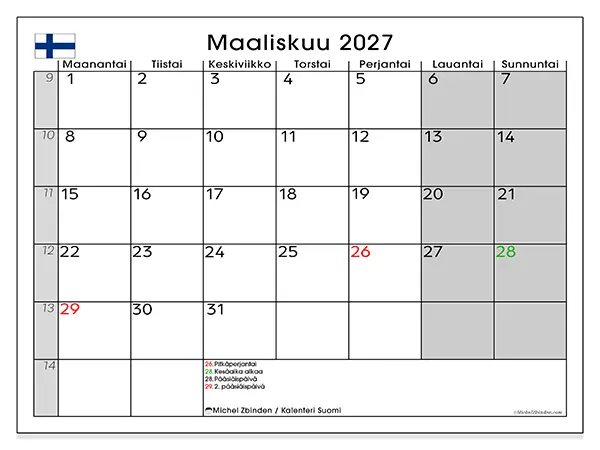 tulostettava kalenteri Maaliskuu 2027 - Suomi