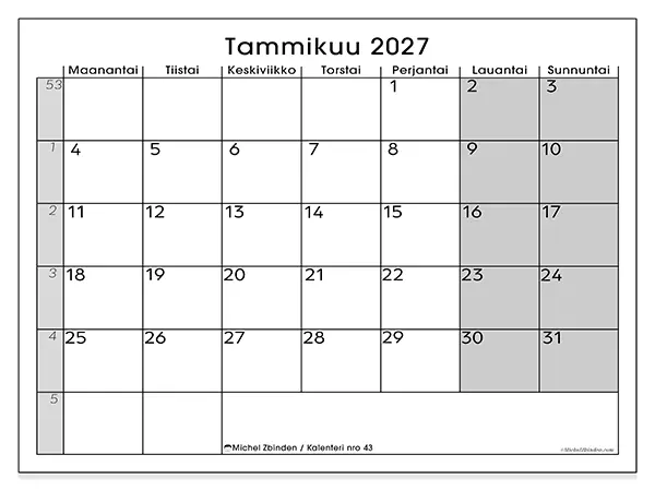 tulostettava kalenteri Tammikuu 2027 - Selkeä yleiskuva