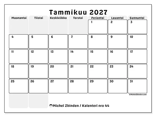 tulostettava kalenteri Tammikuu 2027 - Rakenteinen suunnittelu