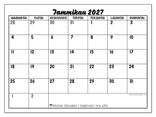 tulostettava kalenteri Tammikuu 2027 - Yksityiskohtainen malli
