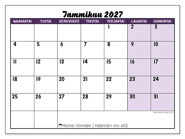 tulostettava kalenteri Tammikuu 2027 - Värikkäät tehtävät