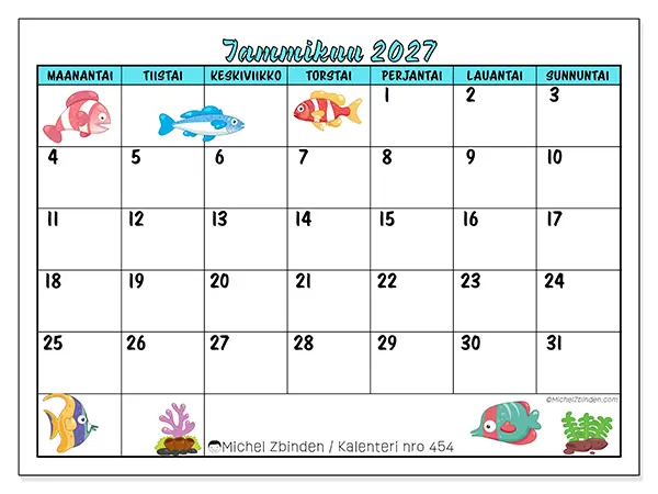 tulostettava kalenteri Tammikuu 2027 - Värikkäät kalat