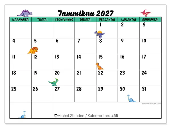 tulostettava kalenteri Tammikuu 2027 - Pienet dinosaurukset