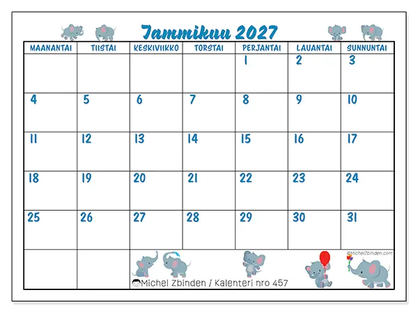 tulostettava kalenteri Tammikuu 2027 - Pienet norsut