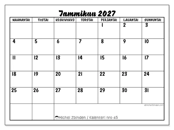 tulostettava kalenteri Tammikuu 2027 - Koulumenestys