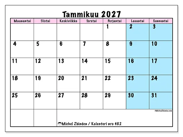 tulostettava kalenteri Tammikuu 2027 - Tiimin aikataulu