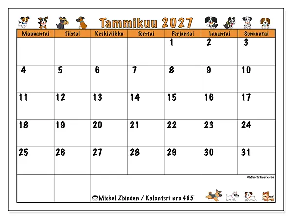 tulostettava kalenteri Tammikuu 2027 - Koirat
