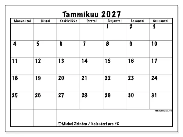 tulostettava kalenteri Tammikuu 2027 - Arjen suunnittelu