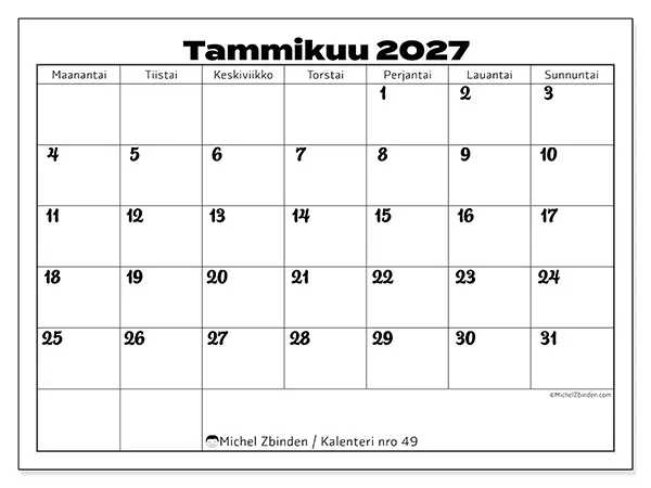 tulostettava kalenteri Tammikuu 2027 - Työn koordinointi