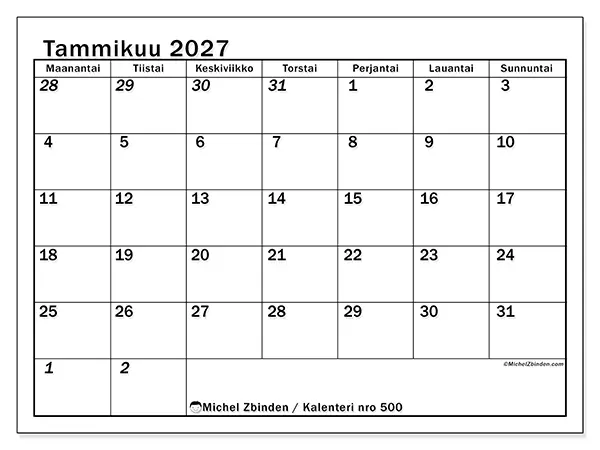 tulostettava kalenteri Tammikuu 2027 - Intensiivinen suunnittelu