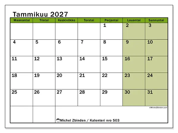 tulostettava kalenteri Tammikuu 2027 - Luonnon sävyt