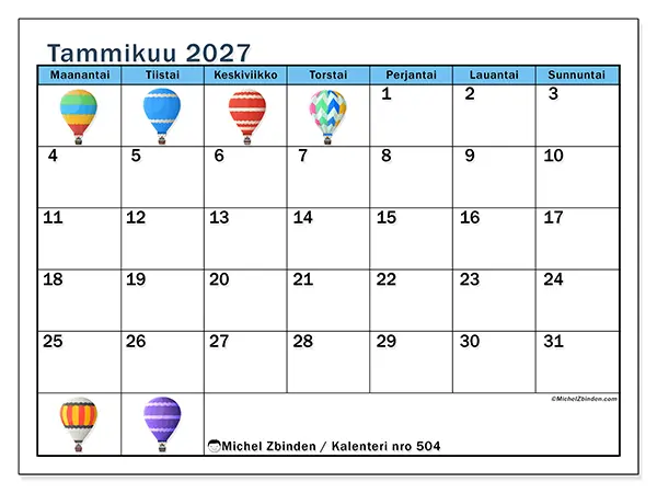 tulostettava kalenteri Tammikuu 2027 - Kuumailmapallot