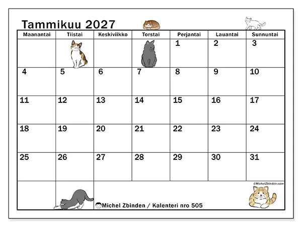 tulostettava kalenteri Tammikuu 2027 - Kissan elämä