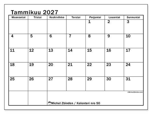 tulostettava kalenteri Tammikuu 2027 - Selkeä kuukausisuunnittelu
