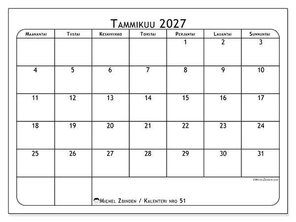 tulostettava kalenteri Tammikuu 2027 - Ateriasuunnittelija