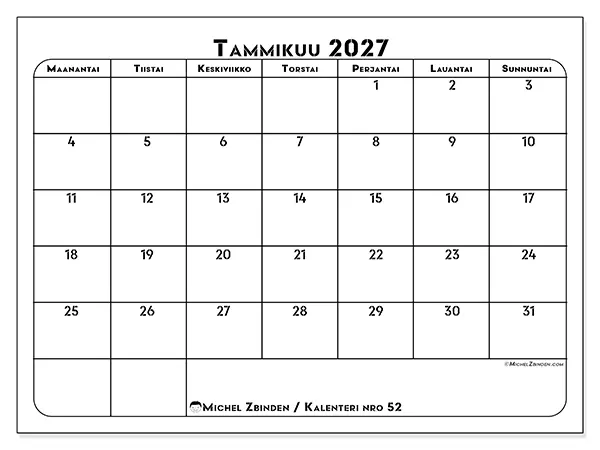 tulostettava kalenteri Tammikuu 2027 - Työn suunnittelu