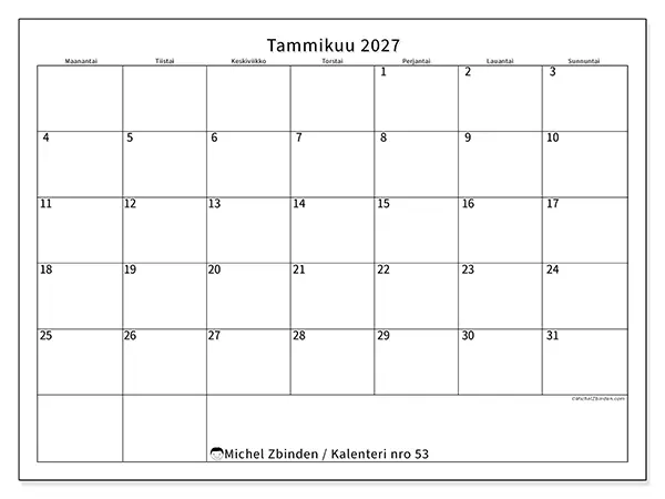 tulostettava kalenteri Tammikuu 2027 - Selkeä aikataulu