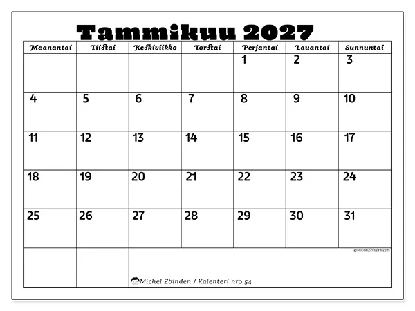 tulostettava kalenteri Tammikuu 2027 - Perheaktiviteetit